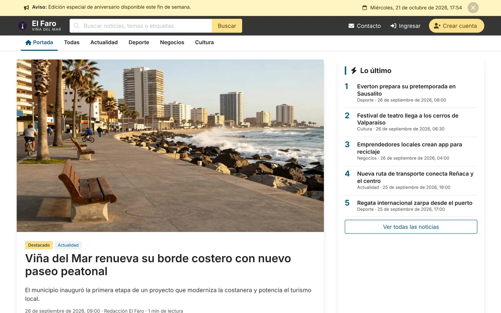 Portada del Diario El Faro: noticia destacada sobre el borde costero de Viña del Mar y lista de últimas noticias