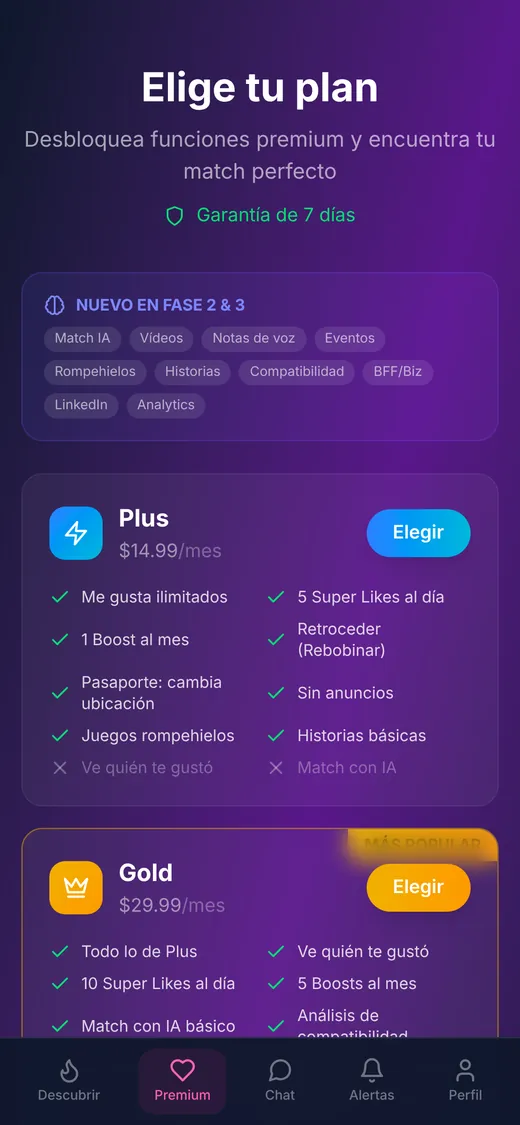 Pantalla de planes Plus y Gold