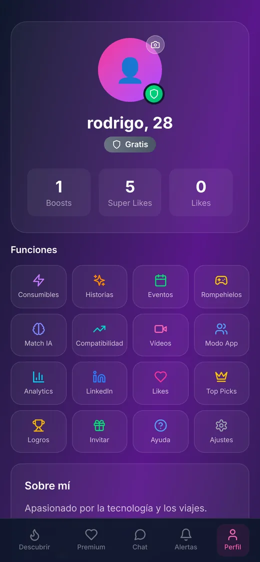 Pantalla de perfil con estadísticas y funciones